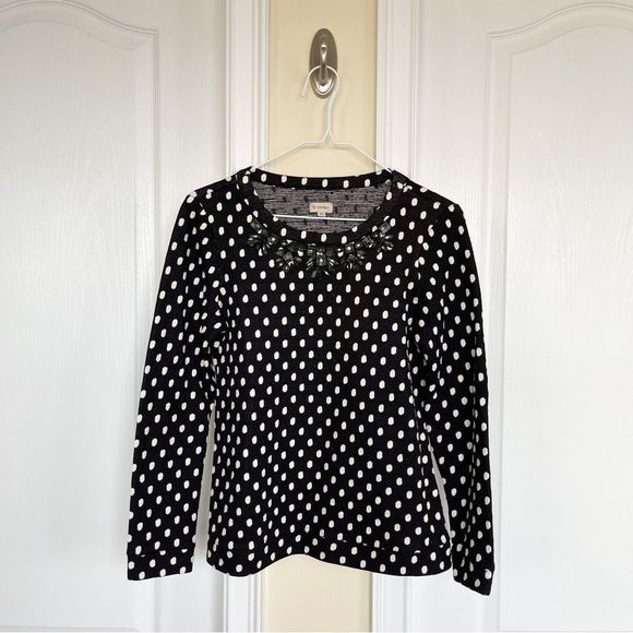 Cremieux XS Black White Pokadot Jeweled Neckline Long Sleeve Top - Picture 1 of 6